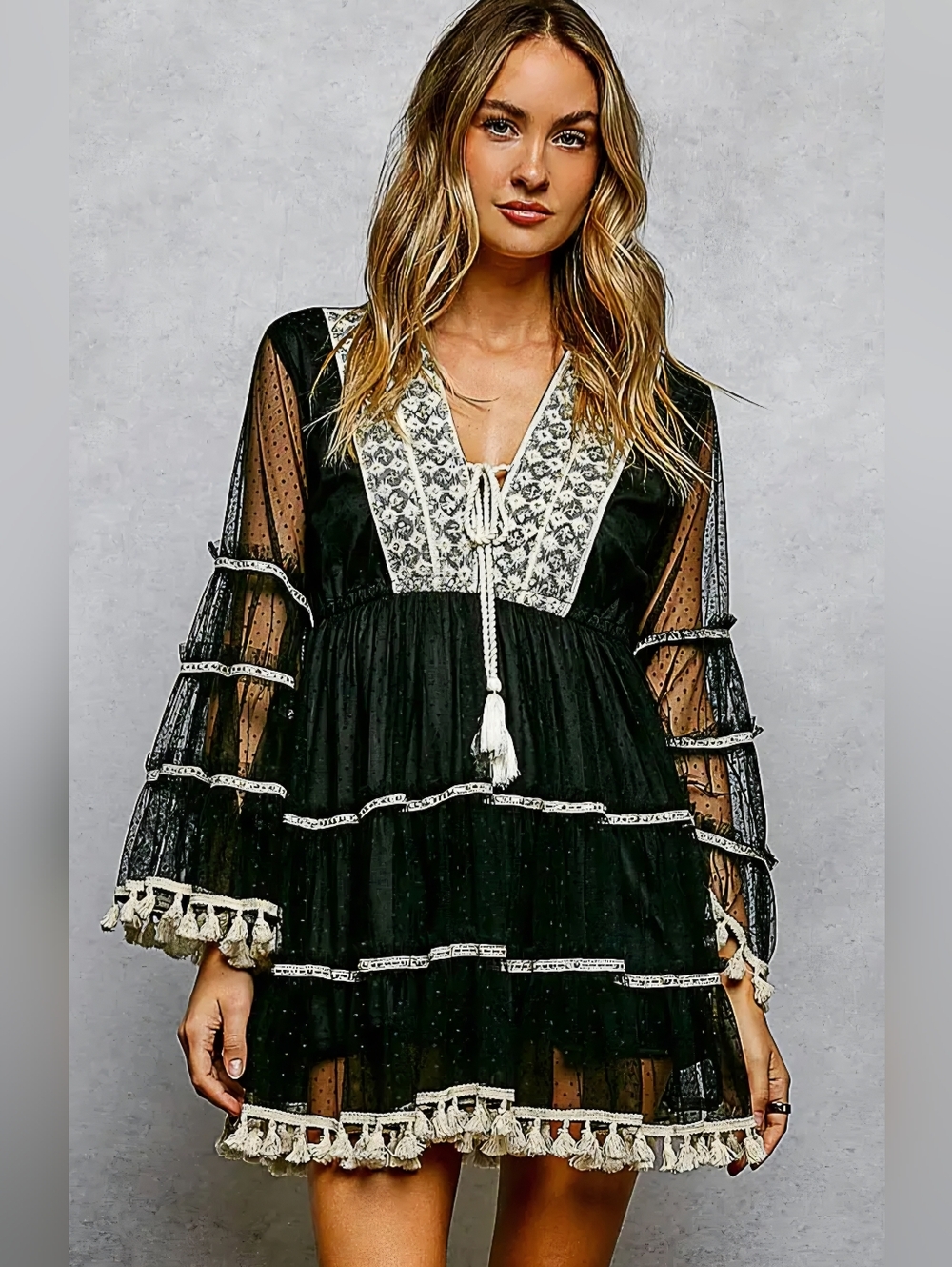 POL Black Mini Dress with Cream Tassel Trim